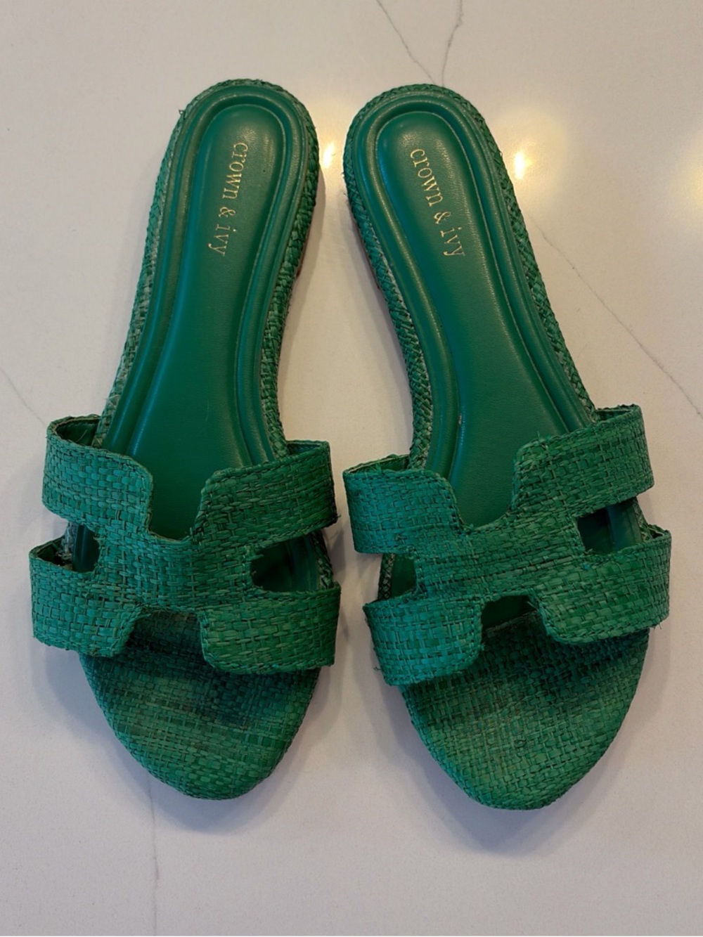 crown & ivy Green Rattan Slide Sandals